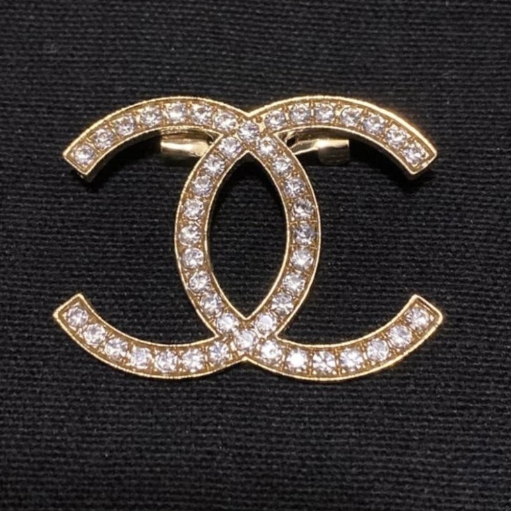 CC Logo Gold Tone Rhinestone Brooch